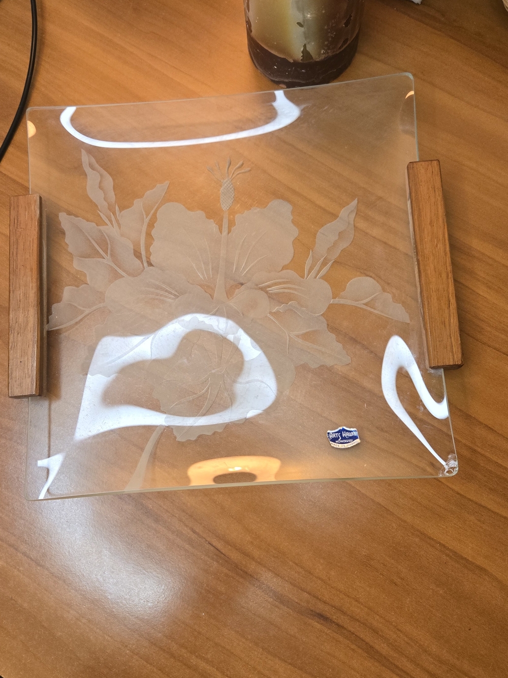 Etched Glass from Hawaiian Hibiscus Square Plate with Wood Handles 10"